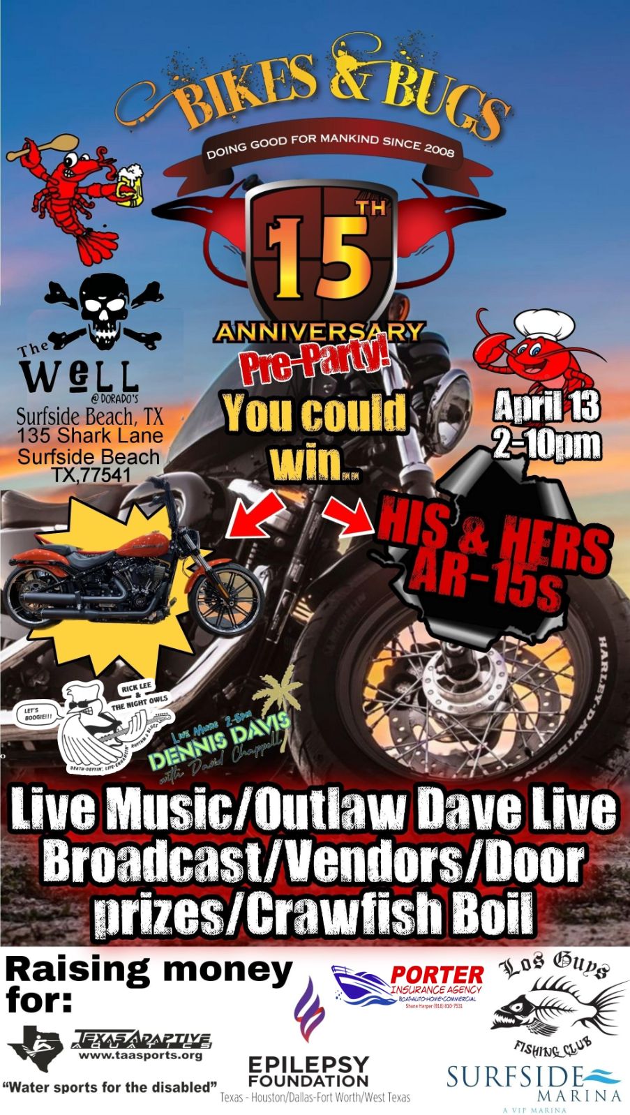 Bikes & Bugs Pre-party April 13, 2024 from 2pm to 10pm at The Well, Surfside, Texas.
