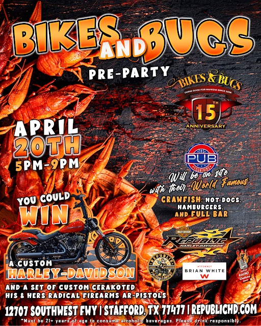 Flyer for Bikes & Bugs Pre-party April 20, 2024 at Republic Harley-Davidson